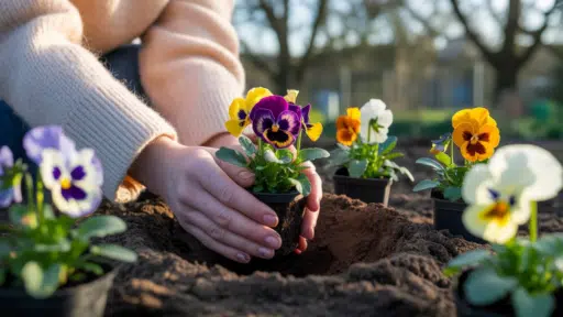 hands planting pansy seedlings in garden soil with colorful flowers in soft natural light