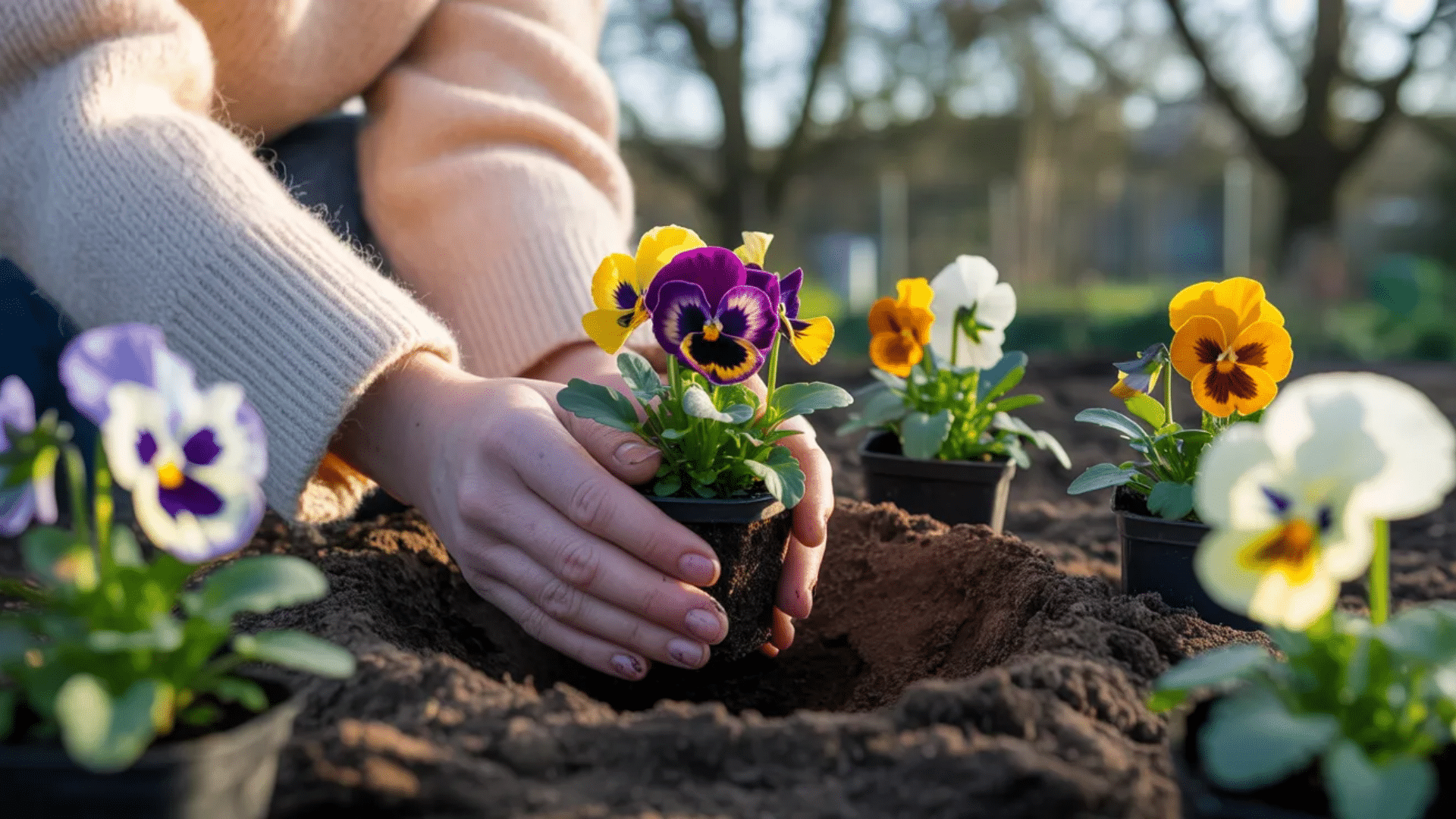 hands planting pansy seedlings in garden soil with colorful flowers in soft natural light