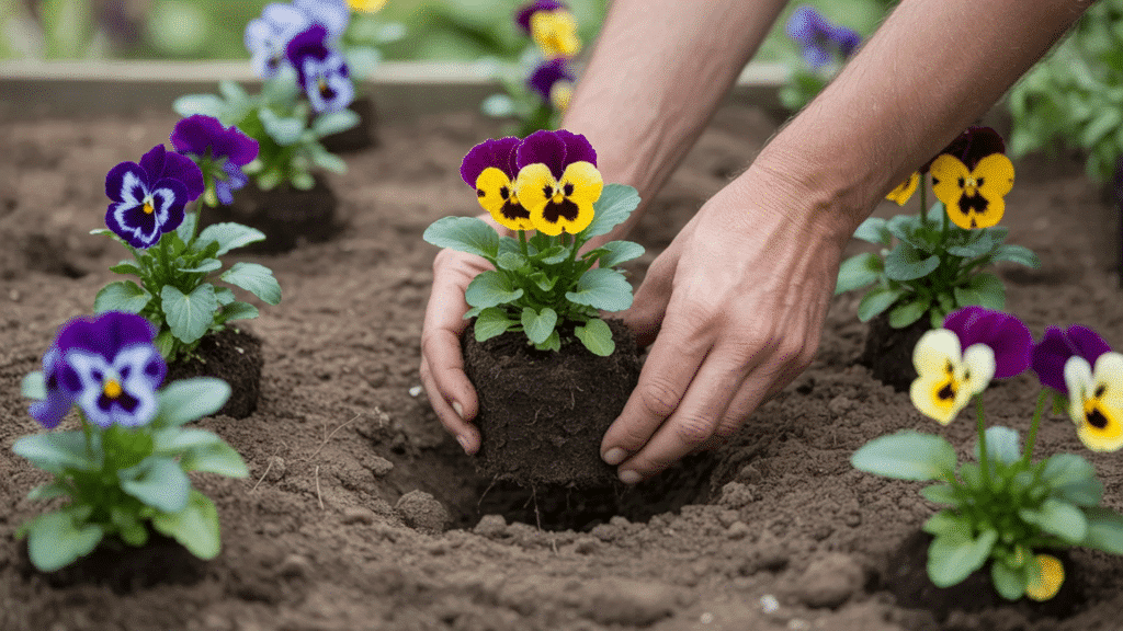 hands planting pansy seedlings into garden soil, spacing plants evenly in a flower bed