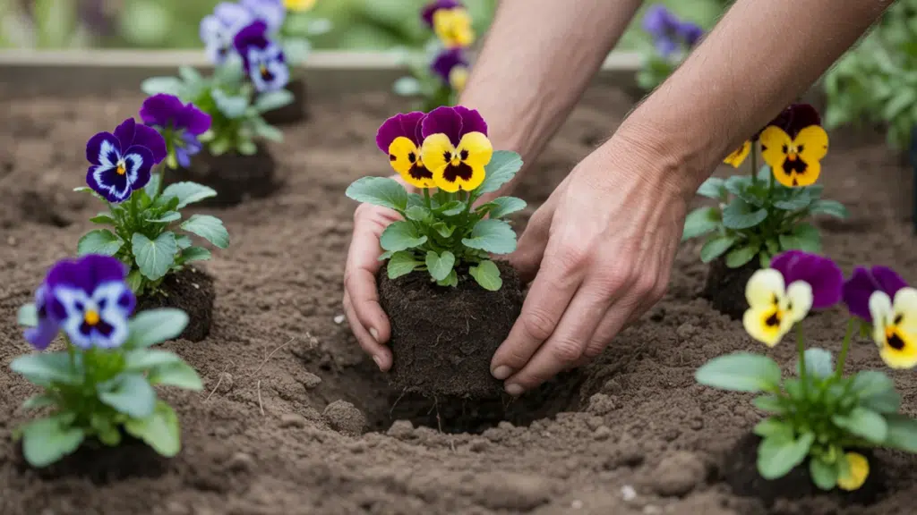 hands planting pansy seedlings into garden soil, spacing plants evenly in a flower bed