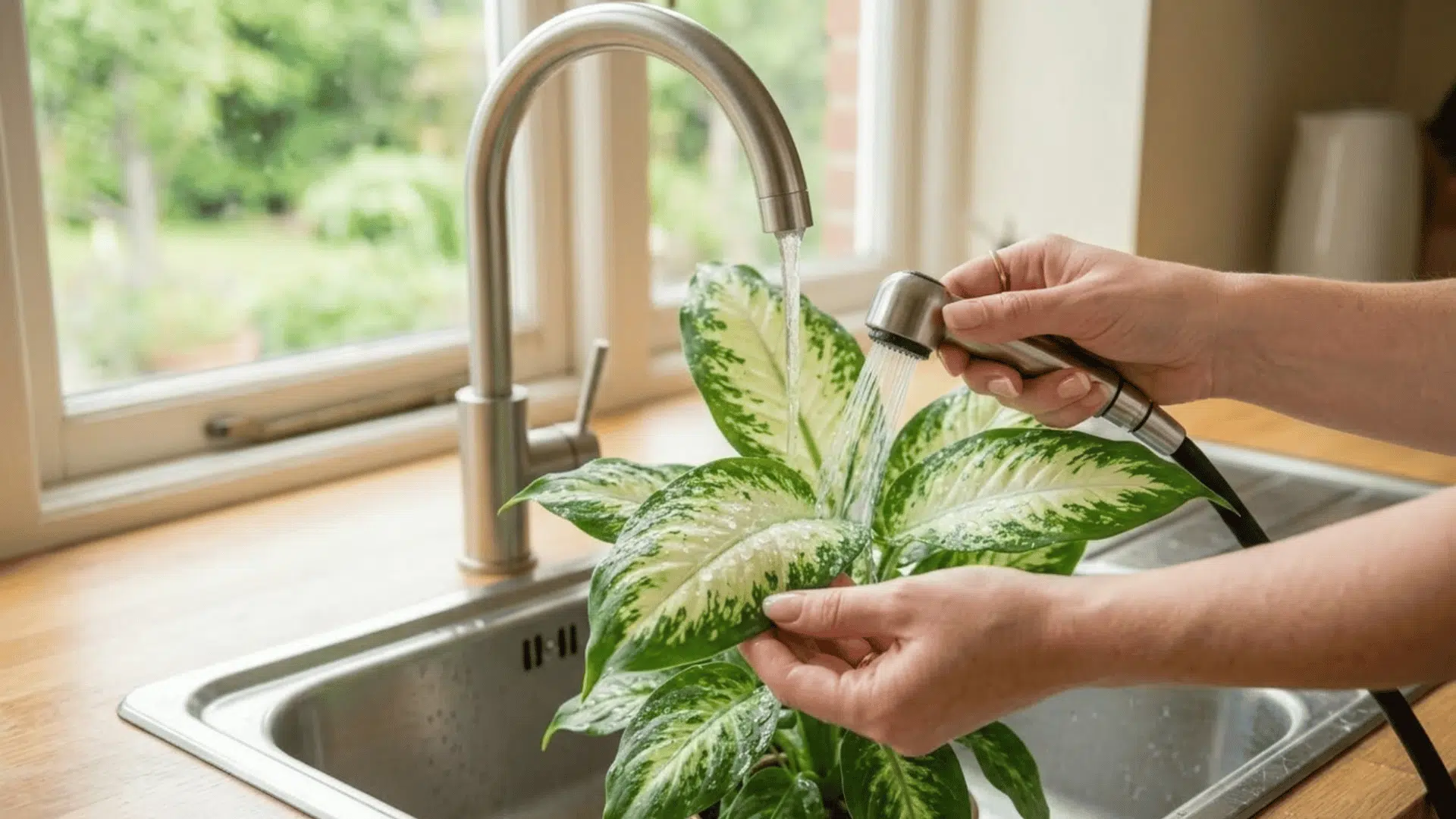 hands rinsing indoor plant leaves under water to remove spider mites and clean leaf surface effectively