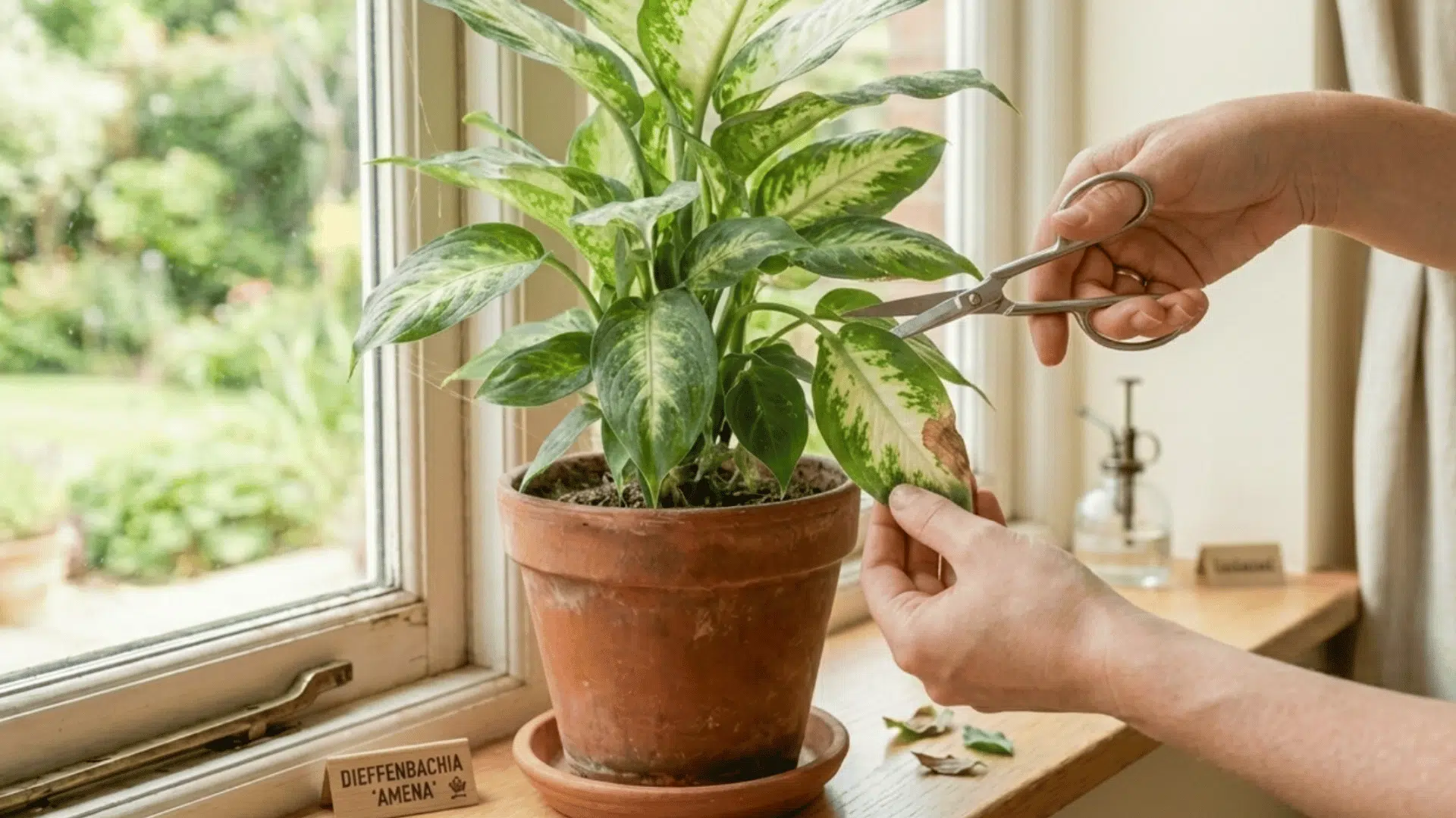 hands trimming damaged leaves from indoor plant to reduce spider mites and prevent further spread
