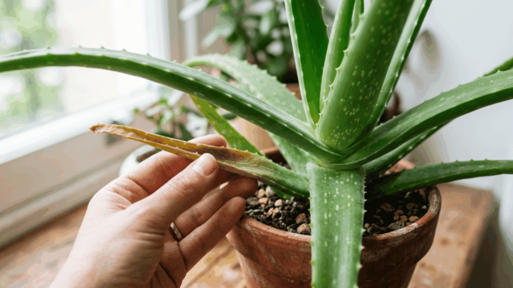 hands trimming dry aloe vera leaves with scissors in natural light