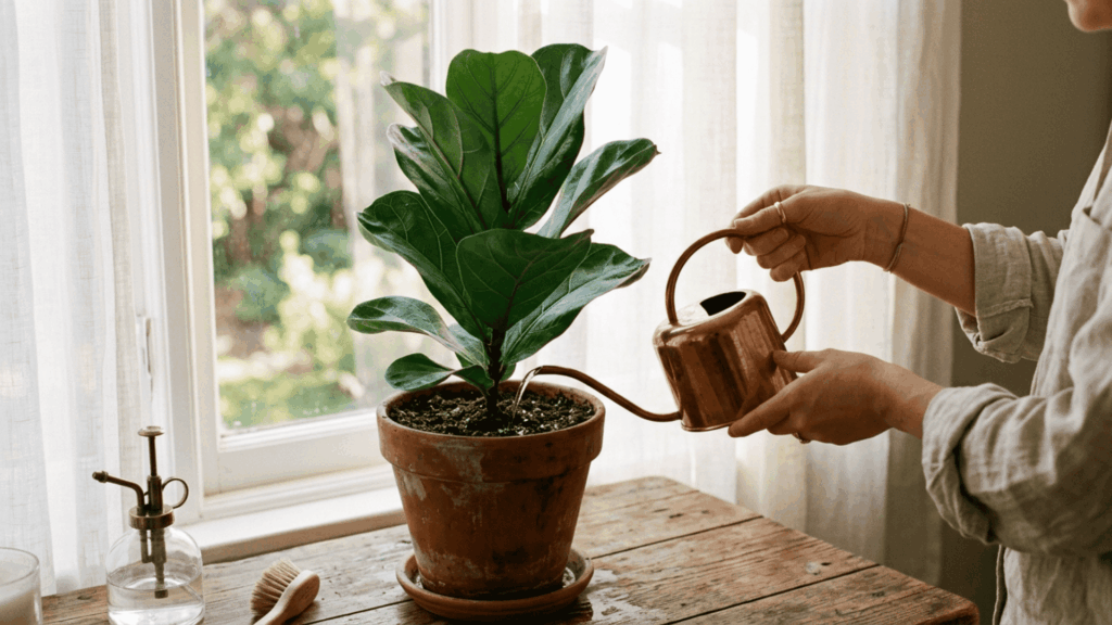 hands watering a fiddle leaf fig plant in a terracotta pot on a wooden surface near a bright window with sheer curtains