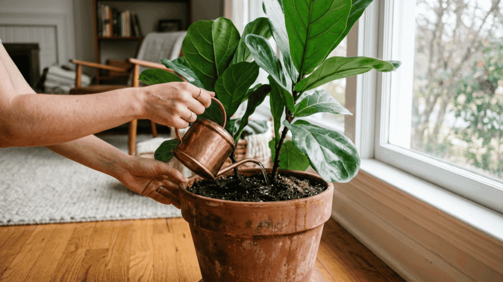hands watering ficus lyrata with large green leaves in terracotta pot near window on wooden floor in indoor natural light