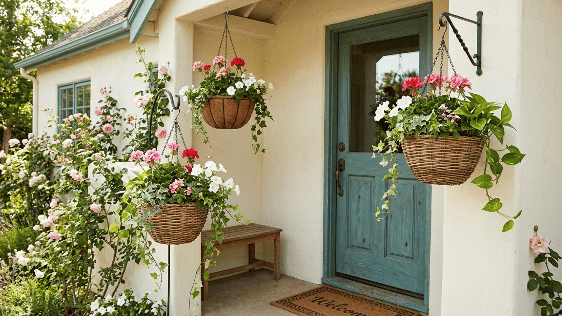 hanging basket decor with flowers near light blue front door.