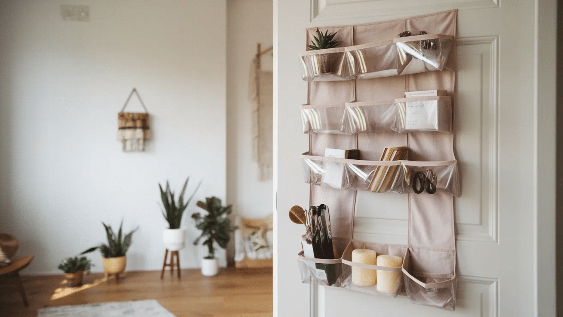 hanging fabric organizer with transparent pockets holding books, stationery, and candles, placed near plants and a wooden chair in a room.