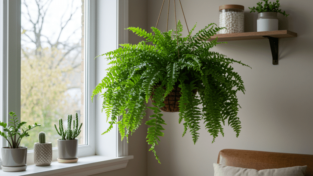 hanging fern plant near window with small potted succulents on sill, wooden shelf decor, and soft natural daylight indoors