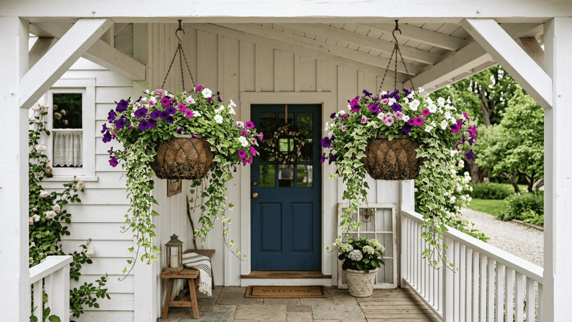 hanging flower baskets with trailing petunias and ivy on a white farmhouse porch ceiling near the entry