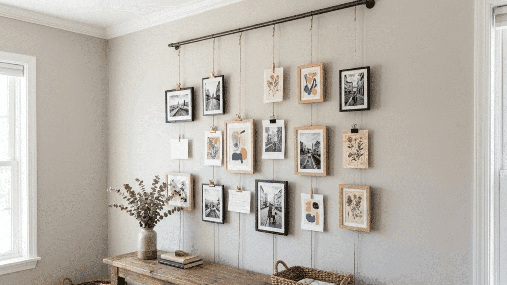 hanging frame gallery wall with photos and art clipped on strings for a flexible display.
