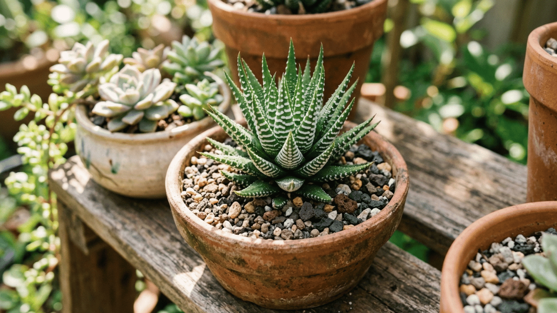 haworthia succulent with white striped leaves in a small clay pot on a wooden surface.
