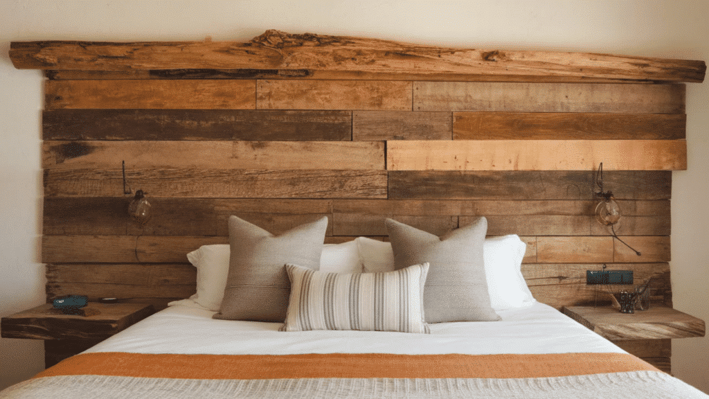 headboard is topped with a raw piece of wood, adding a natural and earthy touch