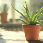 healthy aloe vera plant in modern pot placed on indoor wooden table