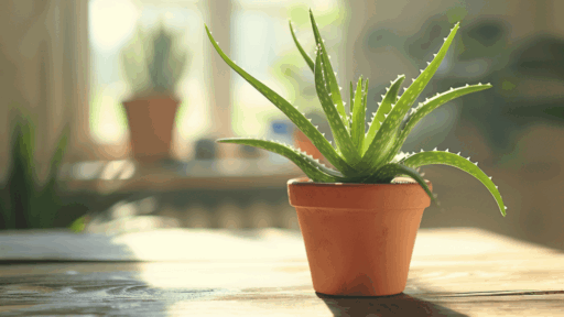 healthy aloe vera plant in modern pot placed on indoor wooden table