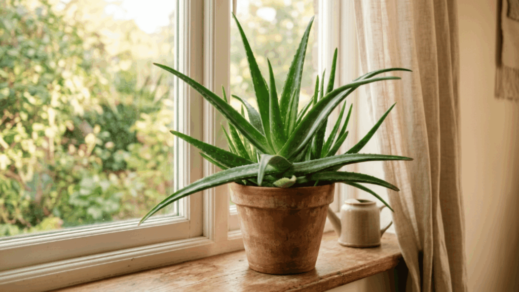 healthy aloe vera plant placed near a bright window with soft sunlight indoors