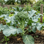 healthy broccoli plant growing in garden soil with mulch and surrounding vegetables.