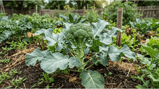 healthy broccoli plant growing in garden soil with mulch and surrounding vegetables.
