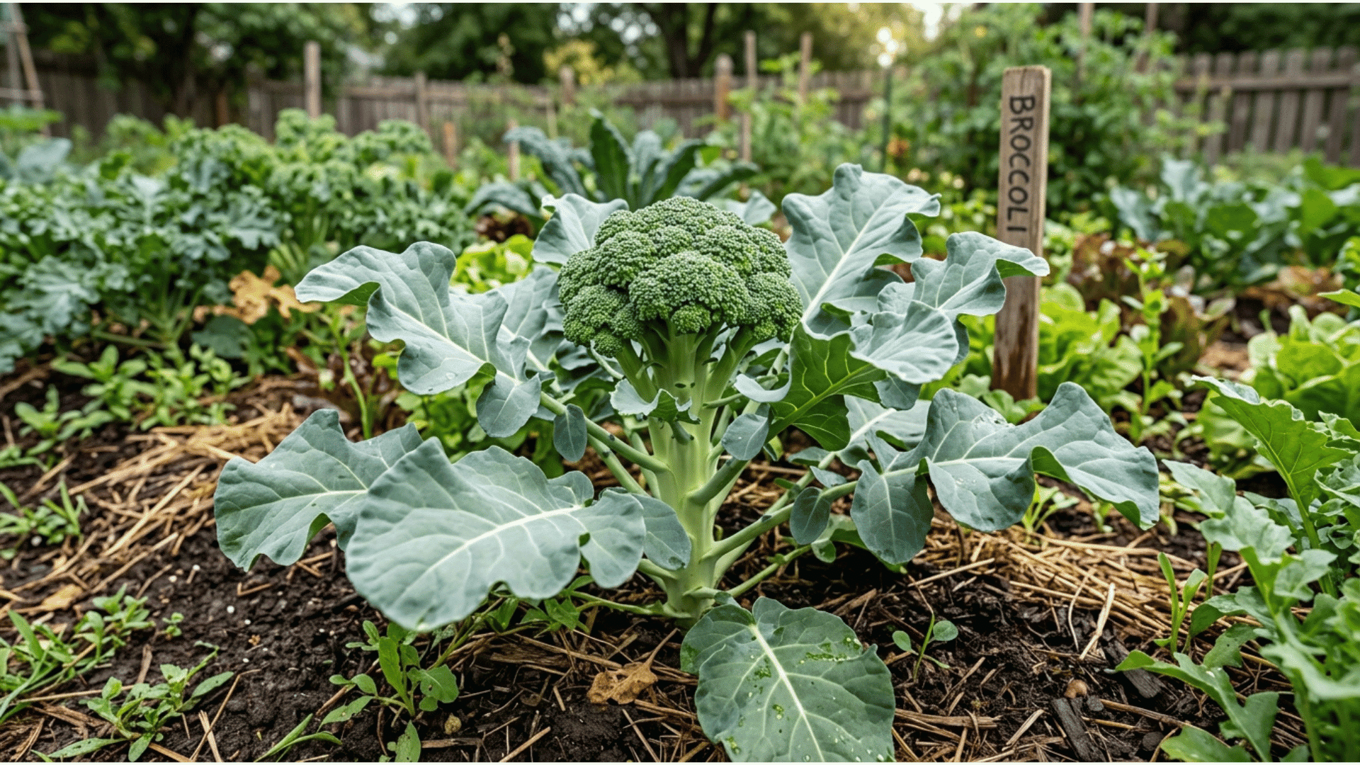 healthy broccoli plant growing in garden soil with mulch and surrounding vegetables.