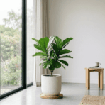 healthy ficus lyrata plant near window with natural light showing large green leaves in indoor setting