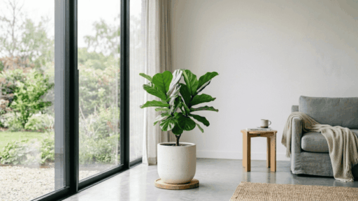 healthy ficus lyrata plant near window with natural light showing large green leaves in indoor setting