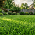 healthy green lawn with thick grass in a well maintained backyard garden with sunlight and plants in background