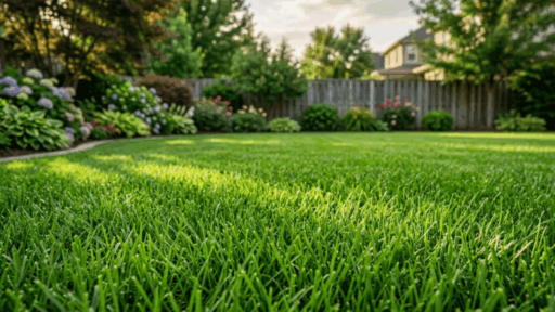 healthy green lawn with thick grass in a well maintained backyard garden with sunlight and plants in background