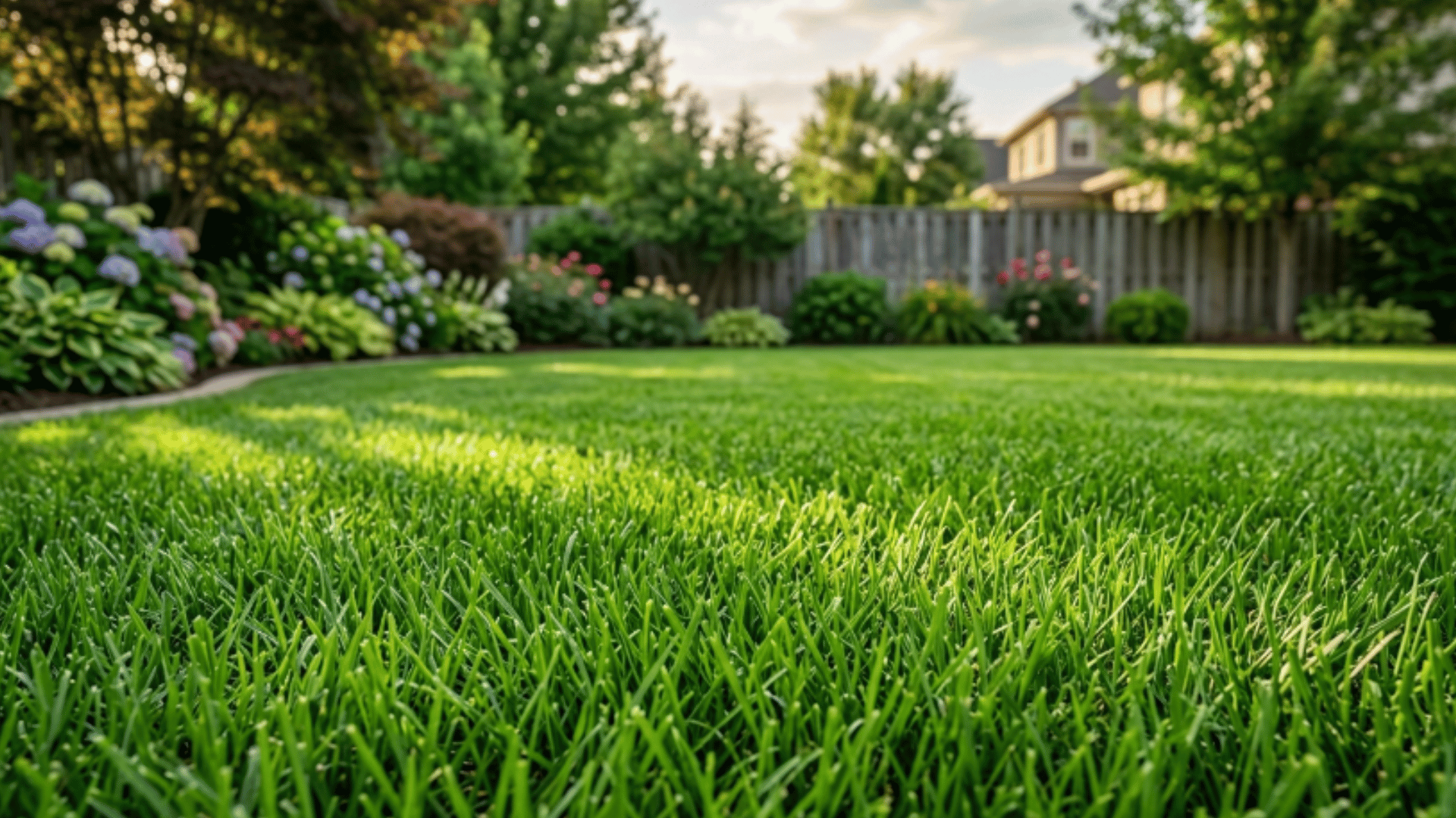 healthy green lawn with thick grass in a well maintained backyard garden with sunlight and plants in background
