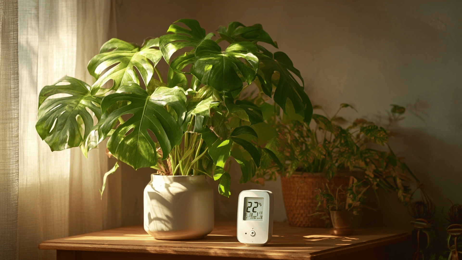 healthy monstera plant indoors in warm room with stable temperature and soft natural light