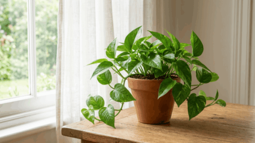 healthy pothos plant in a simple pot placed on a wooden table near a bright window with soft natural light and a clean background
