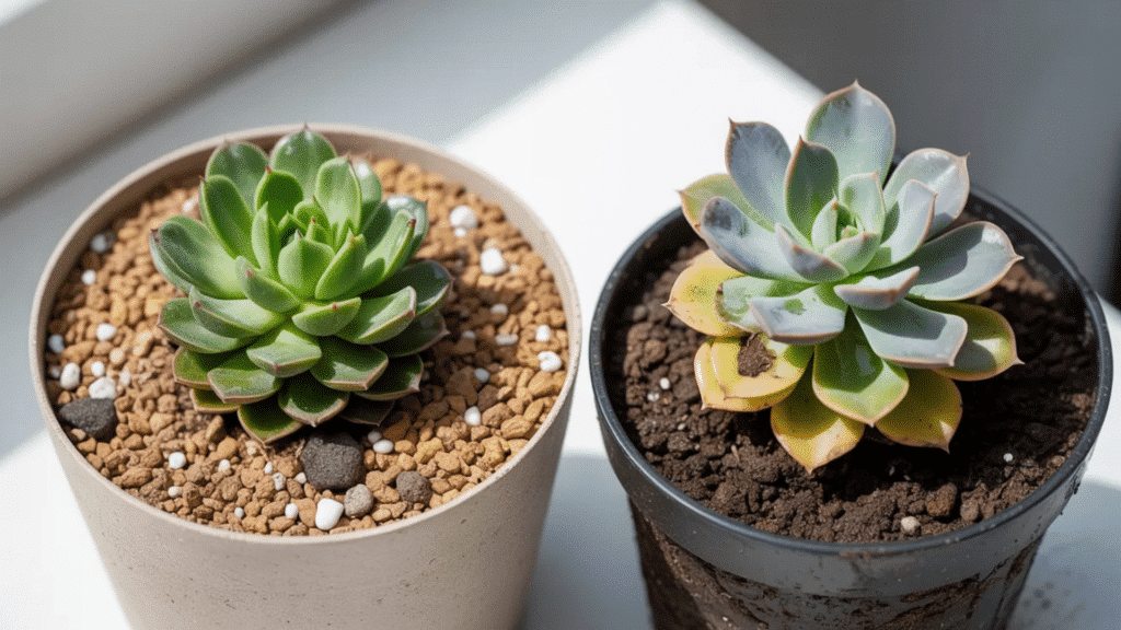 healthy succulent in gritty, well-draining soil beside a struggling succulent in dense, wet potting mix