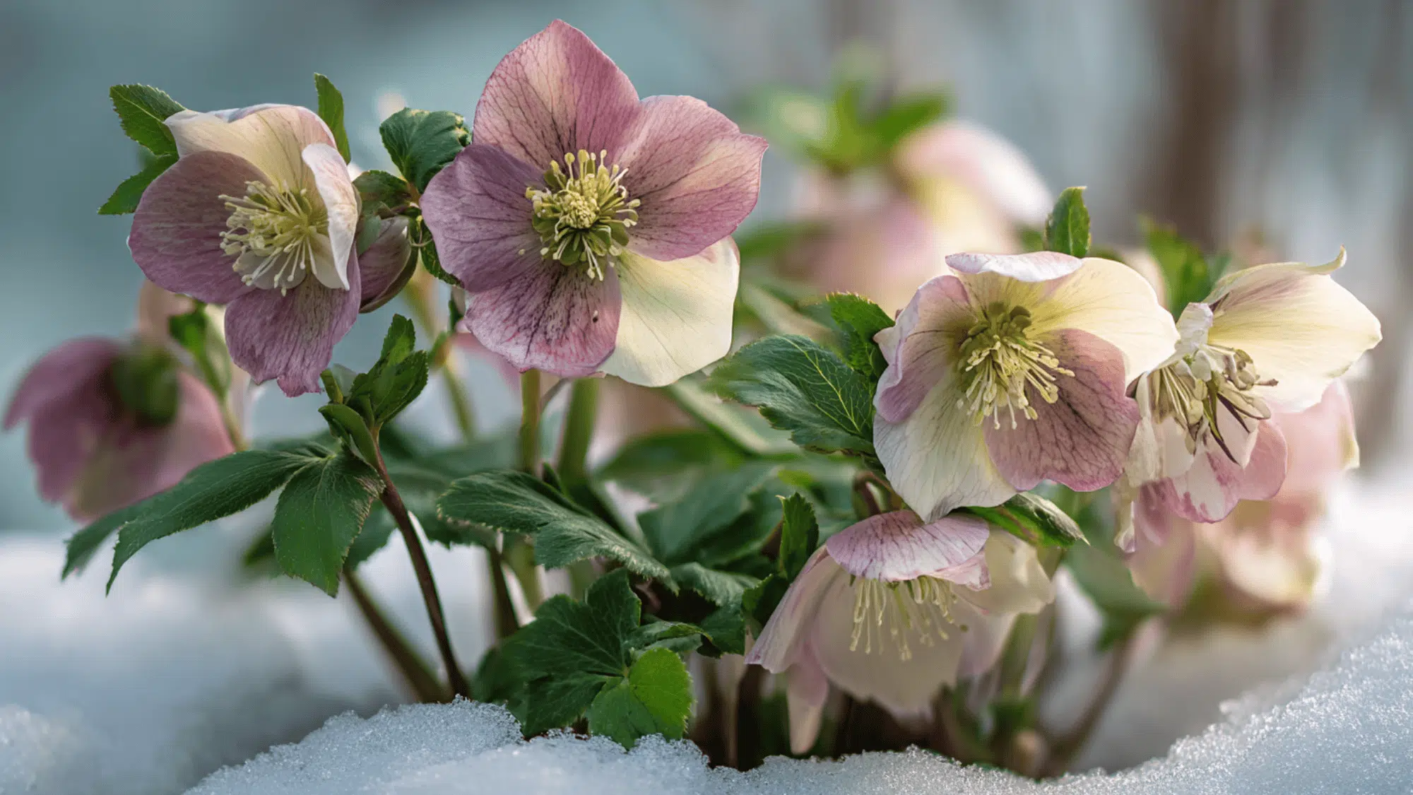 hellebores flowers blooming in snowy winter garden