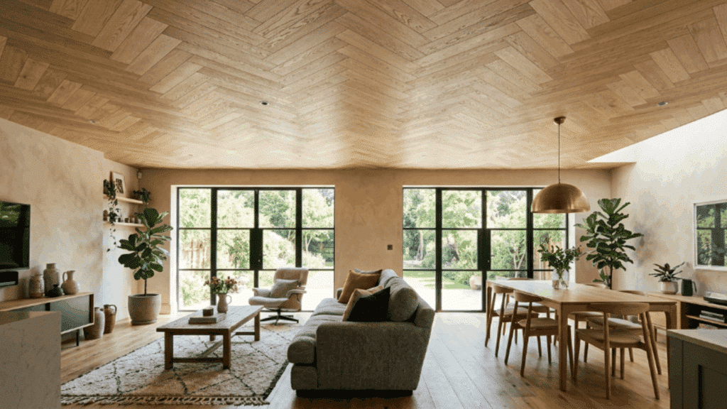 herringbone shiplap forms a striking zigzag pattern that adds texture and turns the ceiling into a design feature.