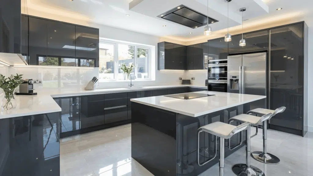 high gloss finish modular kitchen cabinets reflecting light and adding a bright modern feel to the space
