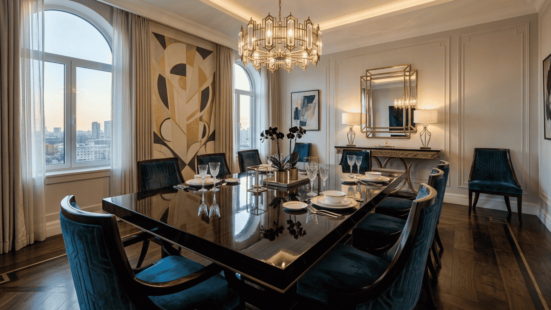 high gloss lacquered dining table reflecting light with minimal decor in art deco dining room interior