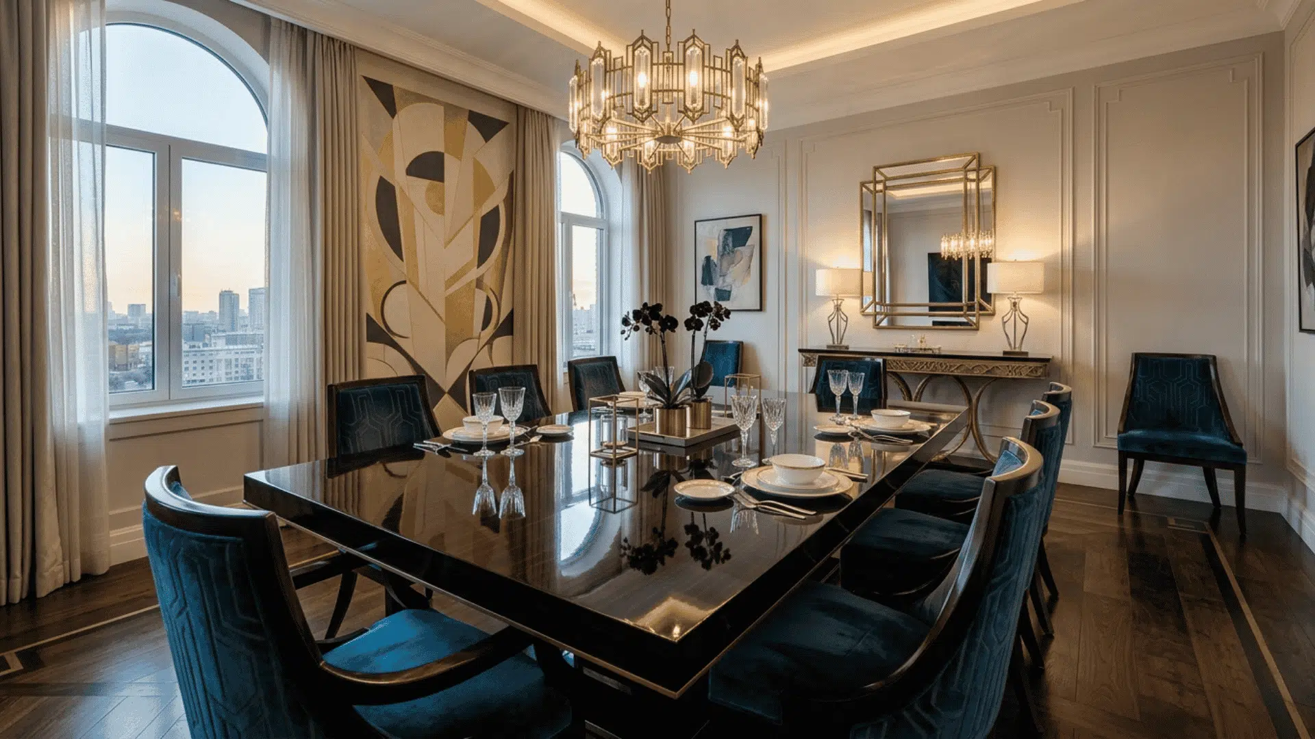 high gloss lacquered dining table reflecting light with minimal decor in art deco dining room interior