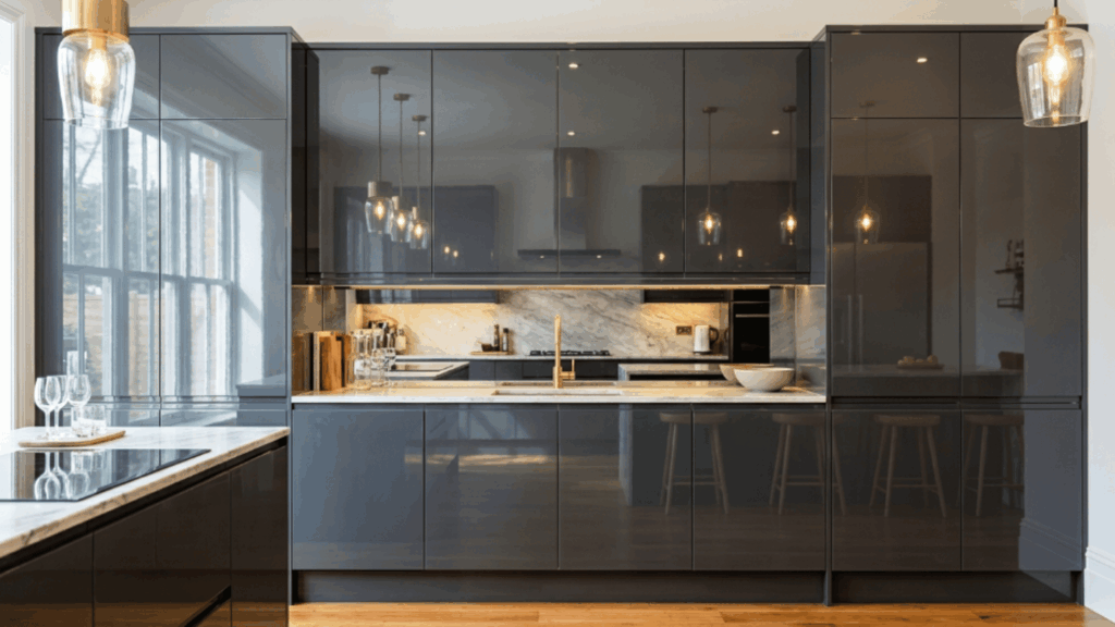 high gloss paint finish on cabinet doors with mirror-like reflection and bright shine under strong lighting