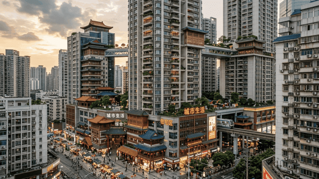 high-rise residential buildings with traditional Chinese design elements in urban setting.