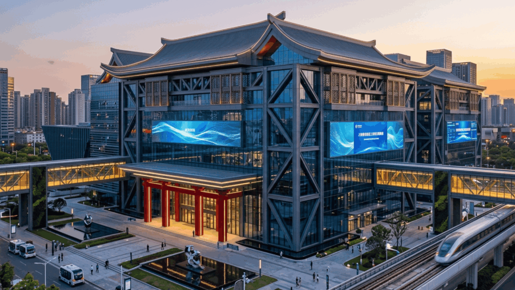 high-tech Chinese building with steel frame, digital screens, and integrated urban transit system.