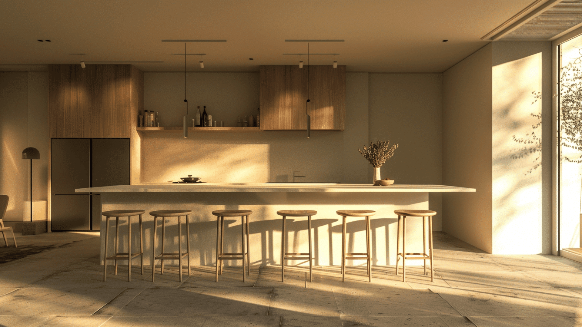 high-top table with bar stools in kitchen corner, empty surface, wide view, clean modern setup