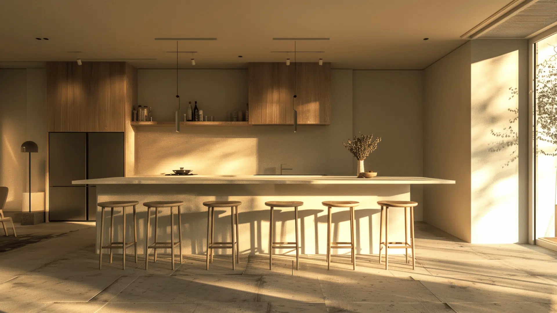 high-top table with bar stools in kitchen corner, empty surface, wide view, clean modern setup