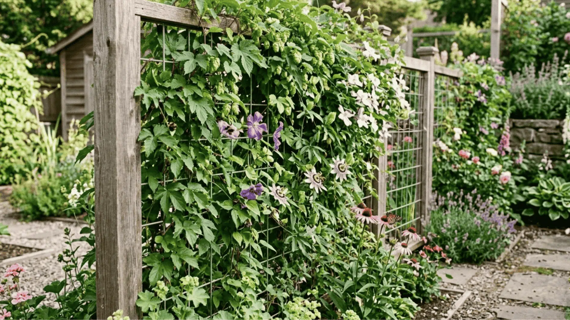 hog wire fence panel covered with lush climbing plants in a sunny garden setting