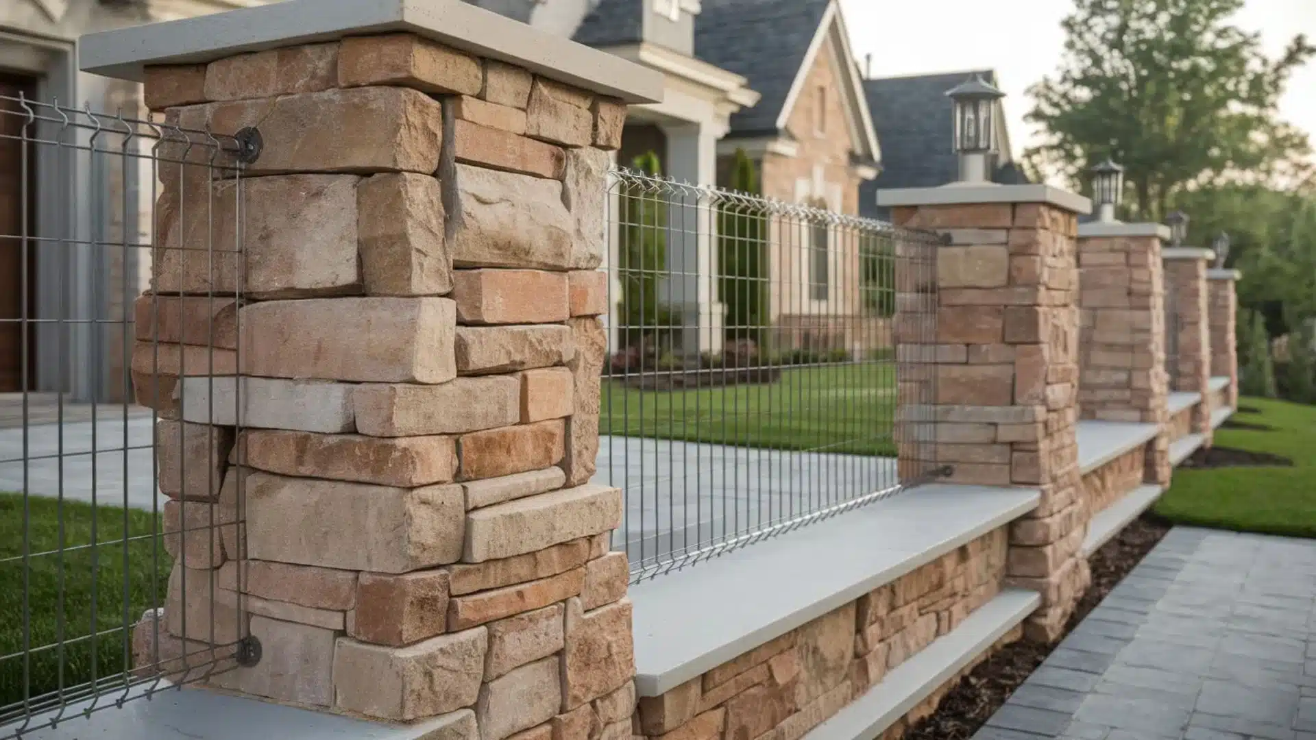 hog wire fence panels installed between stone pillars along a landscaped front yard and driveway of a residential home