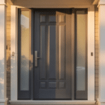 home entrance with a dark paneled front door, glass sidelights, and white columns