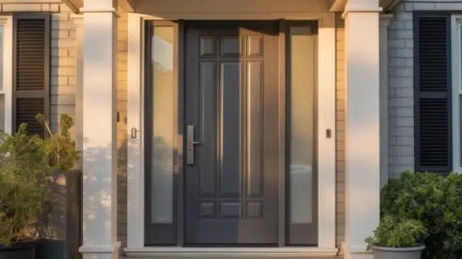 home entrance with a dark paneled front door, glass sidelights, and white columns