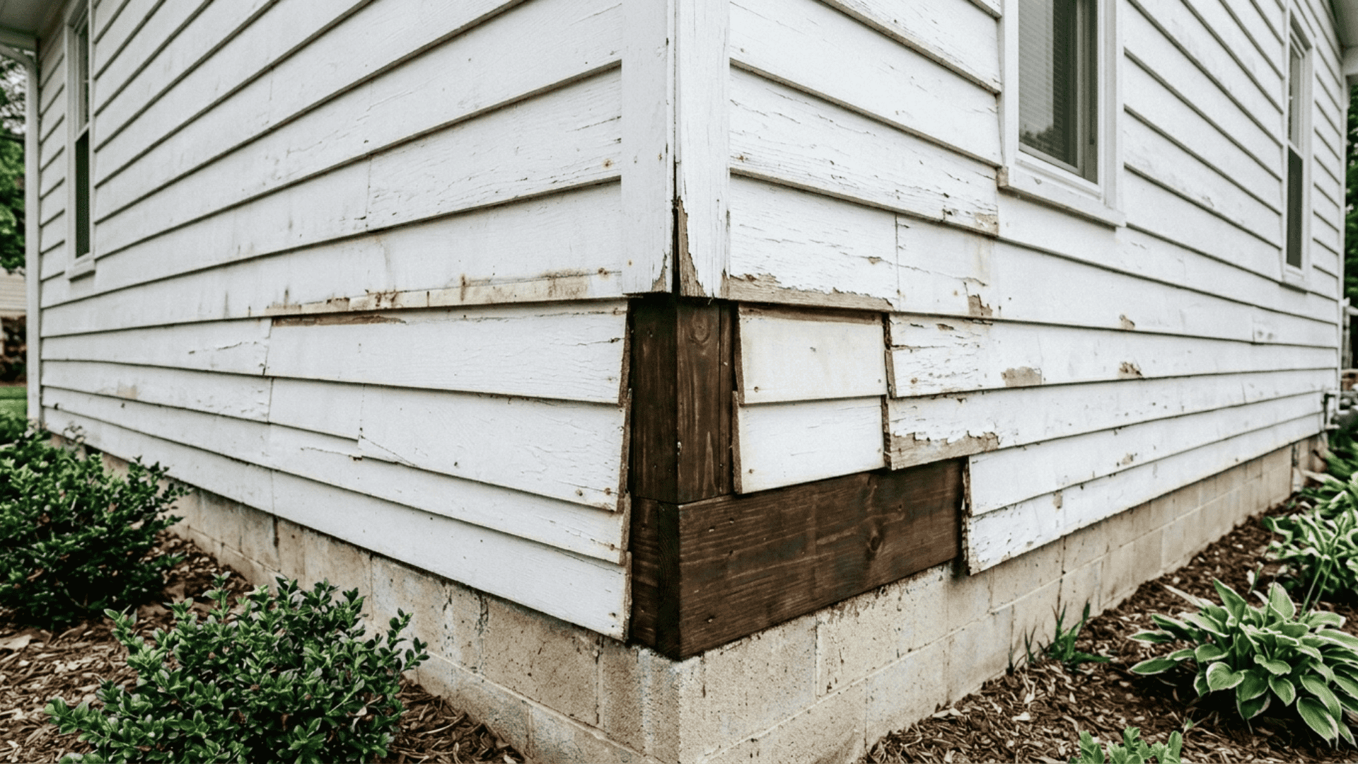 home exterior corner showing rotted wood water damaged siding and peeling paint requiring wall repair before vinyl siding installation