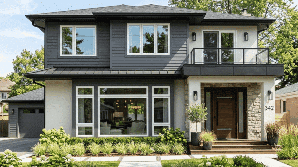 home exterior with new energy efficient windows and modern front door improving insulation and style