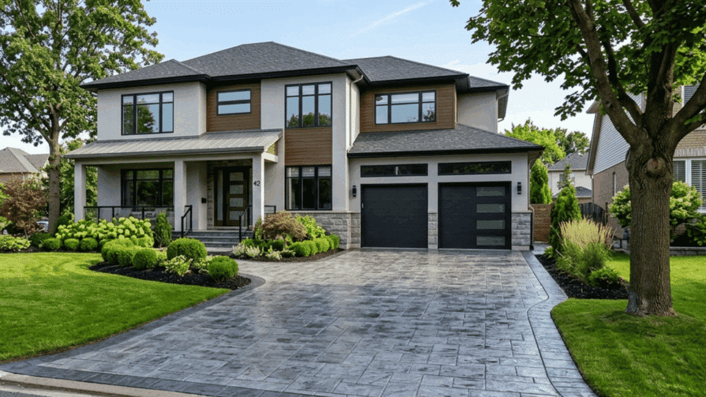 home exterior with resurfaced driveway and walkway creating a clean polished curb appeal look
