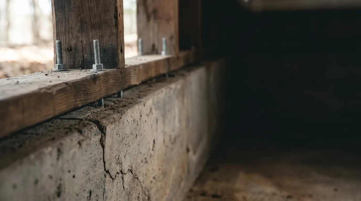 Rough concrete foundation with wooden beams secured by metal bolts in a construction site
