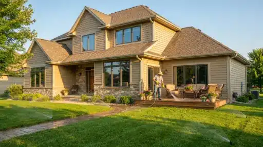 Two-story house with stone facade, man watering garden path, patio furniture and lush green lawn