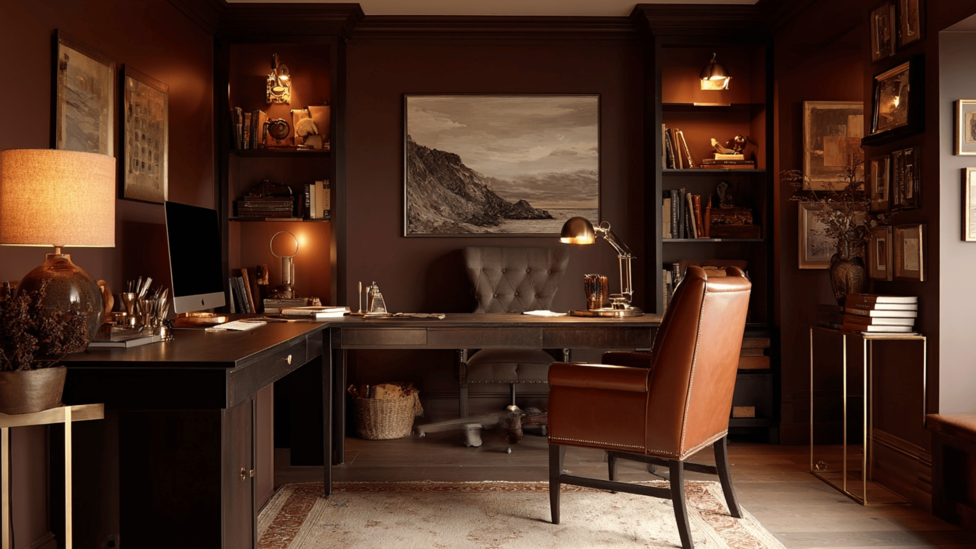 home office with chocolate walls rust accents and warm lighting